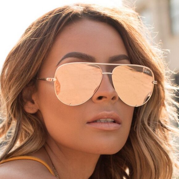 Quay Australia High Key Gold Frame Gold Mirror Lens Oversized Aviator Sunglasses - Picture 4 of 16